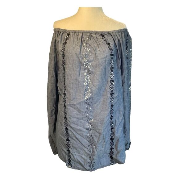 Chico's Chambray Peasant Top Blue Embellished Denim‎ Long Sleeve Boat Neck M - Picture 4 of 9